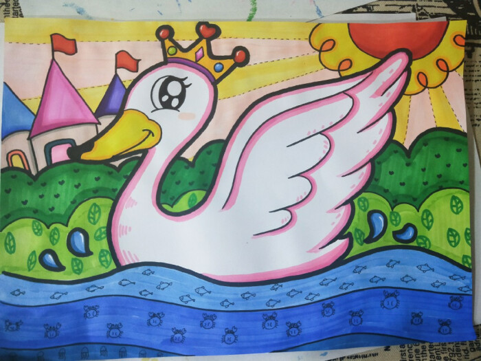 水彩笔儿童画 天鹅