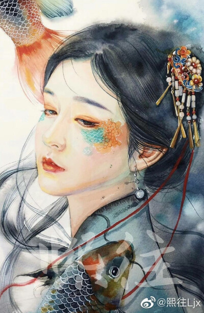 古风水彩插画人物,作者:熙往ljx