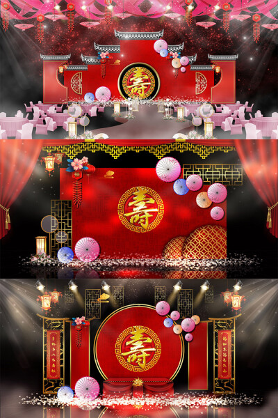 时尚奢华红色中式喜庆寿宴生日舞台签到迎宾区效果图psd模板设计素材