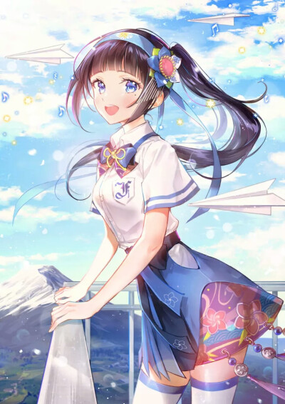 二次元 少女 唯美 黑色马尾 蓝瞳 蓝色系 画师:gomzi