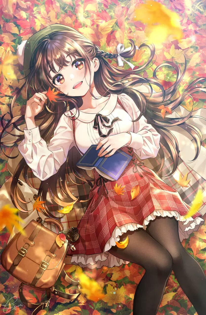 二次元 少女 唯美 秋 枫叶 书 褐发 褐瞳
