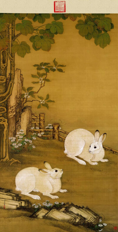 冷枚《梧桐双兔图》,绢本设色,176.2×95cm,清代,北京故宫博物院藏