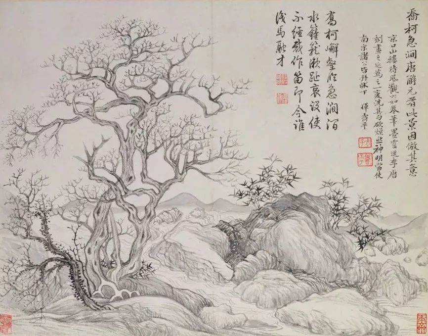 恽寿平《山水花鸟图》之乔柯急涧,纸本设色,27.5×35.