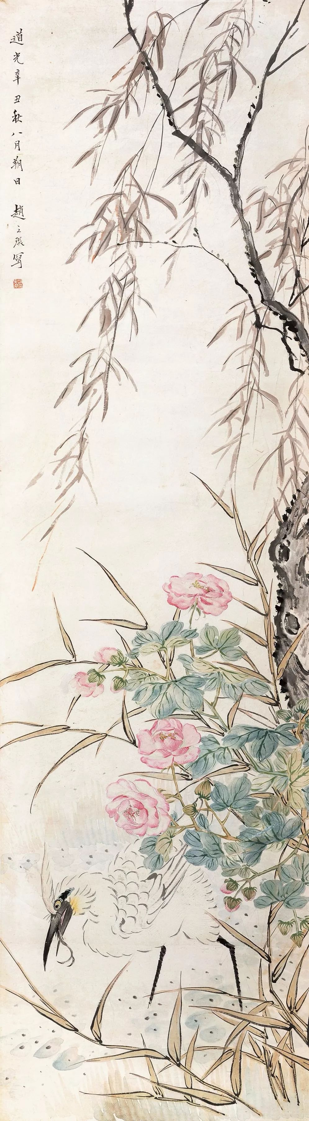 赵之琛《一路荣华,纸本设色,144×38cm,1841年