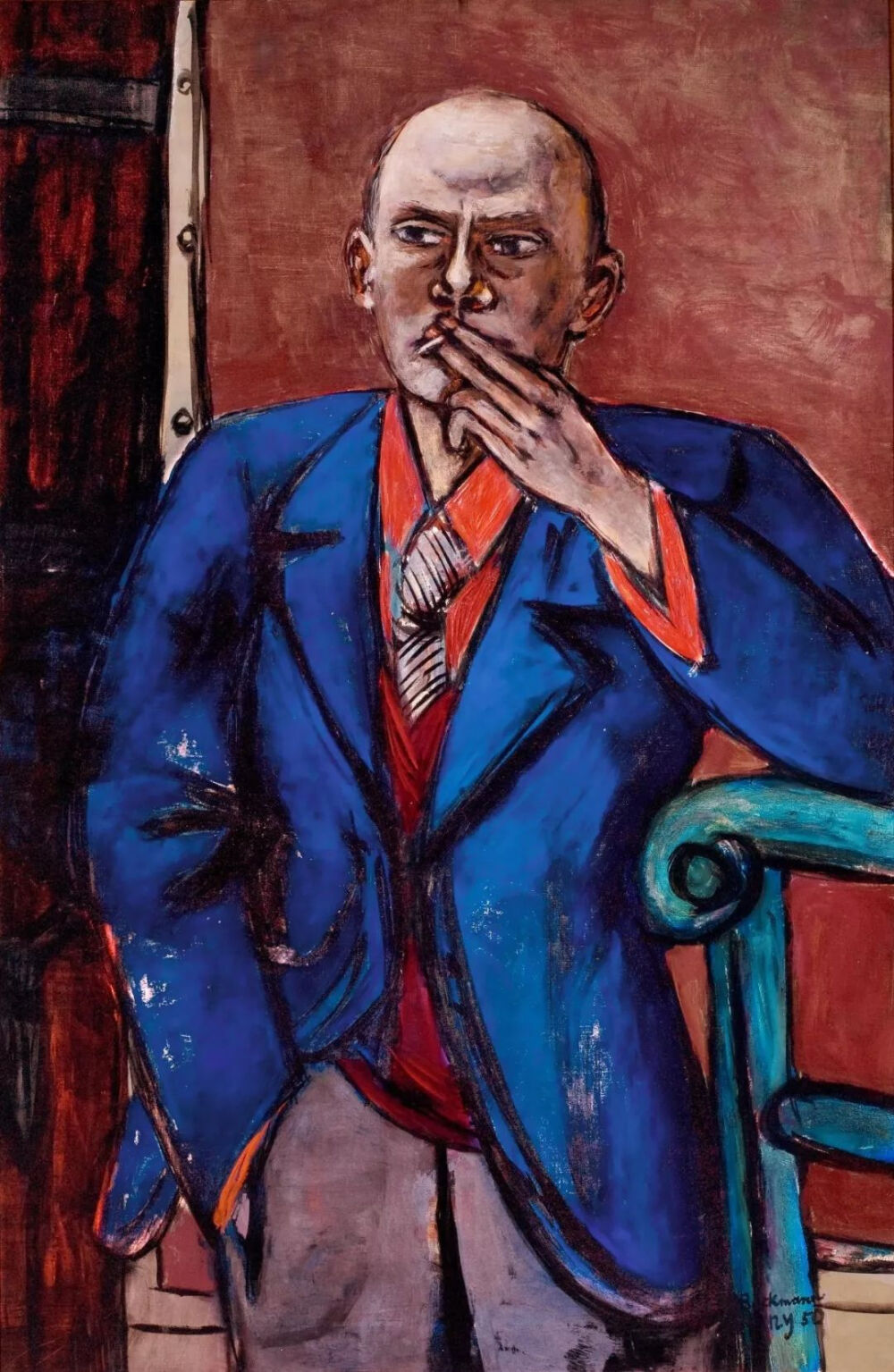 马克斯·贝克曼《self-portrait in blue jacket,布面油画,1950年