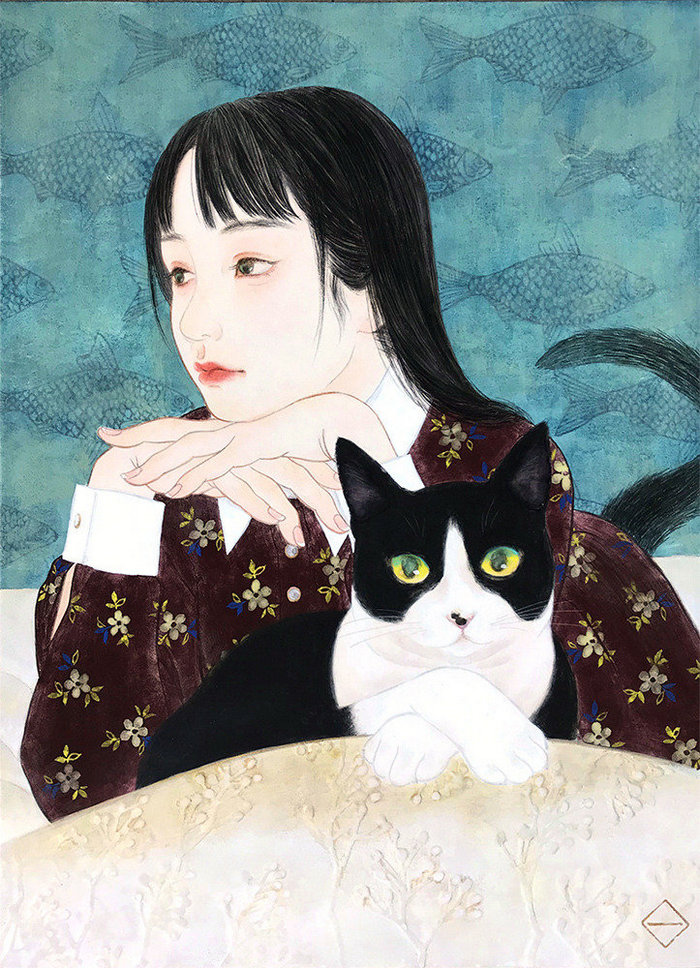 少女与猫 ~ 日本画家kazuho imaoka的美人画