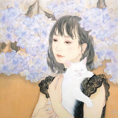 少女与猫 ~ 日本画家kazuho imaoka的美人画