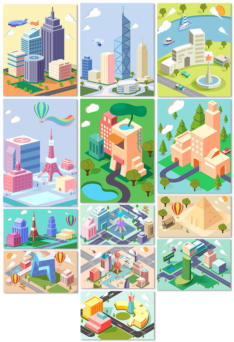 2.5d立体创意场景建筑城市景点卡通插图画3d海报psd设计模板素材