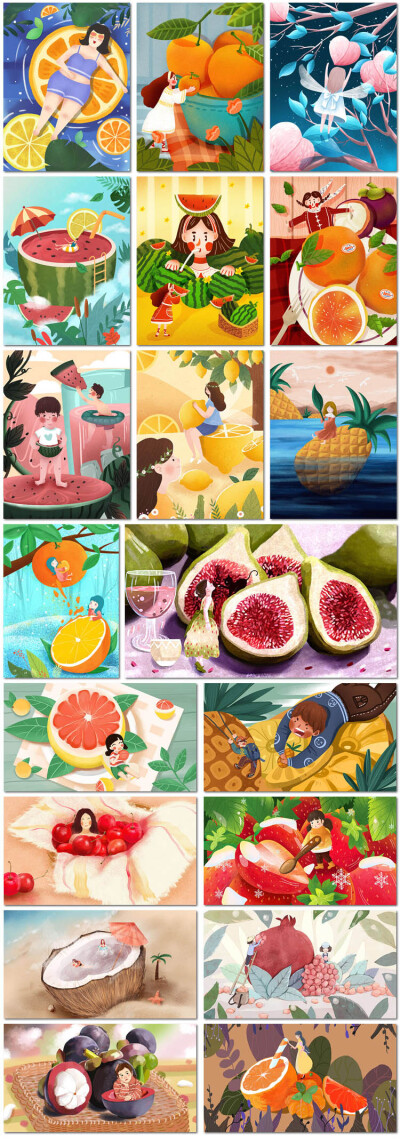 水果少女童话草莓柠檬西瓜少女小清新创意插画海报设计ps模板素材