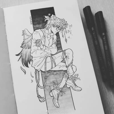 人物线稿黑白动漫素材手绘插画绘画