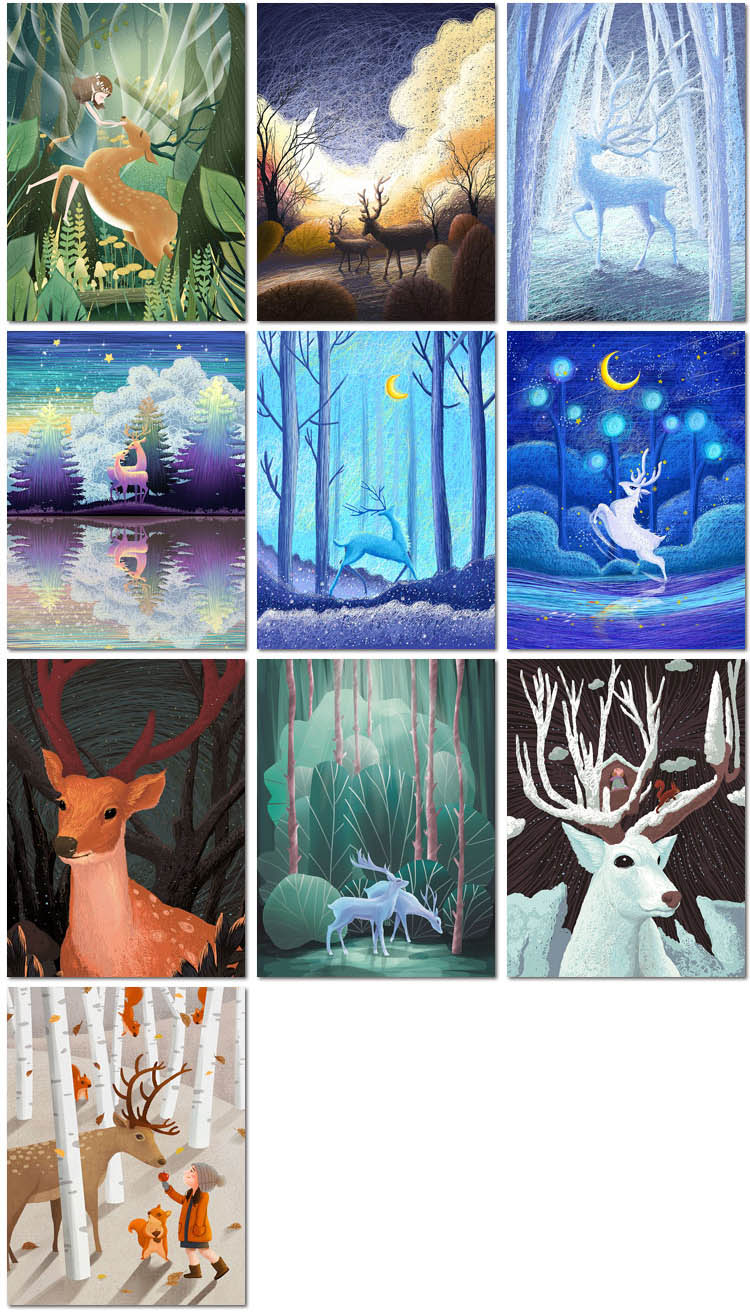 森林与麋鹿大自然梦幻仙境治愈风童话插图画海报设计psd模板素材