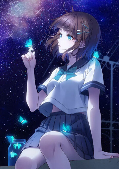 二次元 少女 星空 蝴蝶 制服 蓝色系 唯美 画师:unjem