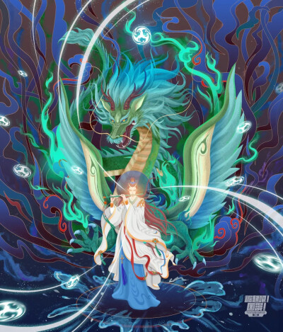 题材选取了《山海经》里描述的中国神话传说的中国上古神兽:凤凰,应龙