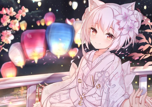二次元 少女 白发 金瞳 兽耳 花灯