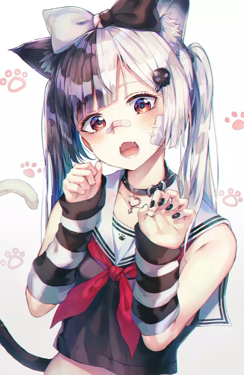 二次元 少女 双色双马尾 猫耳 猫爪印 可爱 黑白色系 画师:ふわり