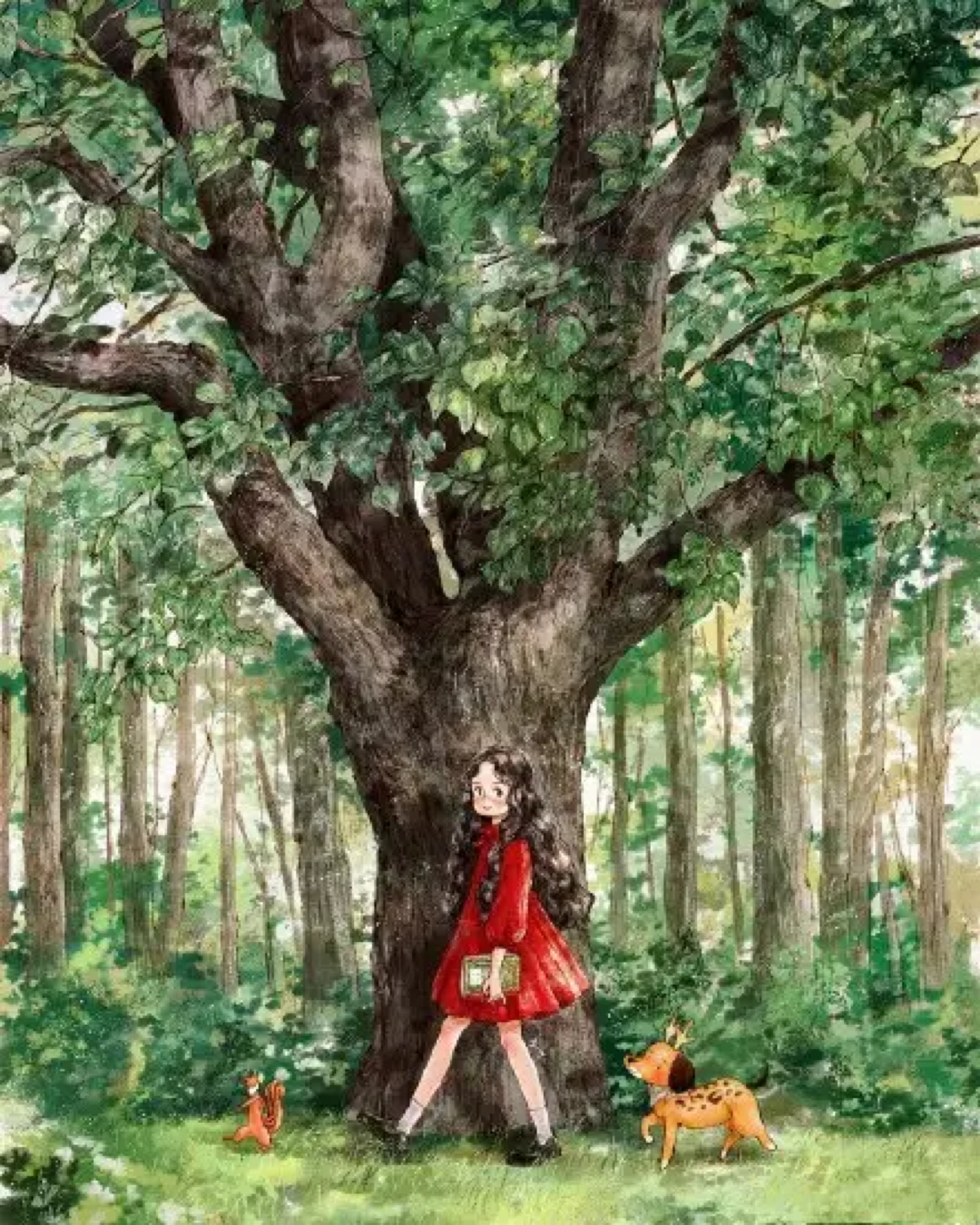 女孩在森林中同动物弹着吉他唱歌,他在给森林中的花花草草浇水,她在