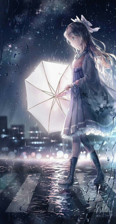 二次元 少女 黑发 蓝瞳 蝴蝶结 雨夜 马路 伞 深蓝色系 唯美 星空