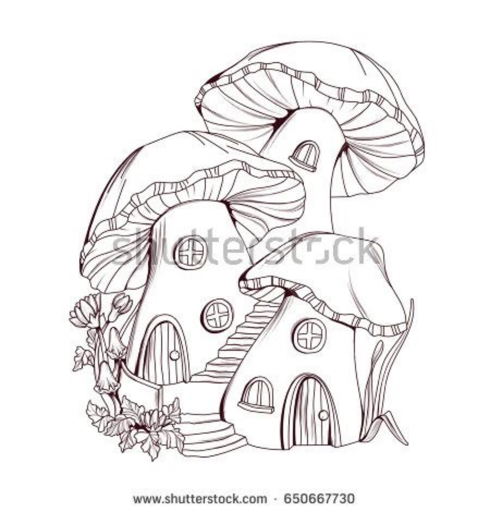 蘑菇屋 彩铅 素描