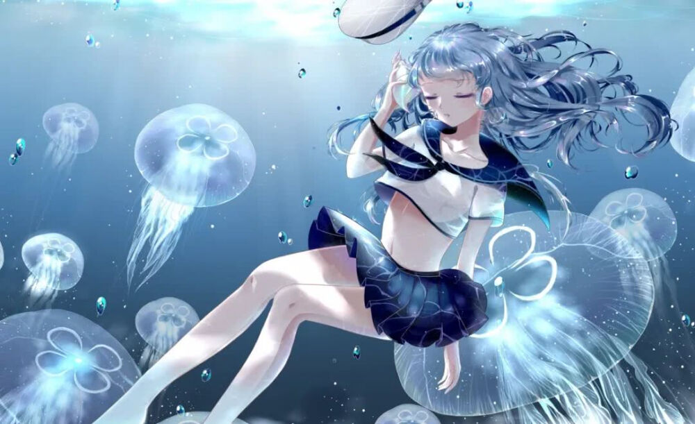 二次元 少女 蓝发 水下 水母 蓝色系 水手服 唯美
