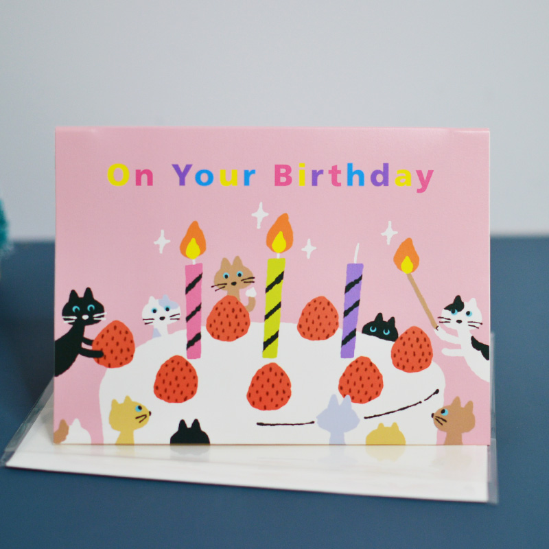 日本购回 创意可爱猫咪生日蛋糕庆祝生日立体猫控贺卡 送女友卡片