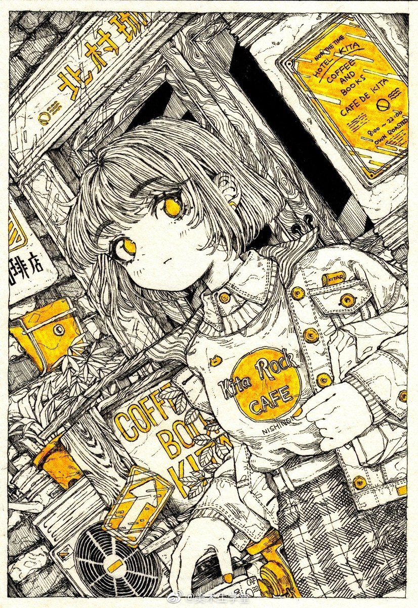 日式风少女插画,繁杂的线稿却丝毫不显脏乱