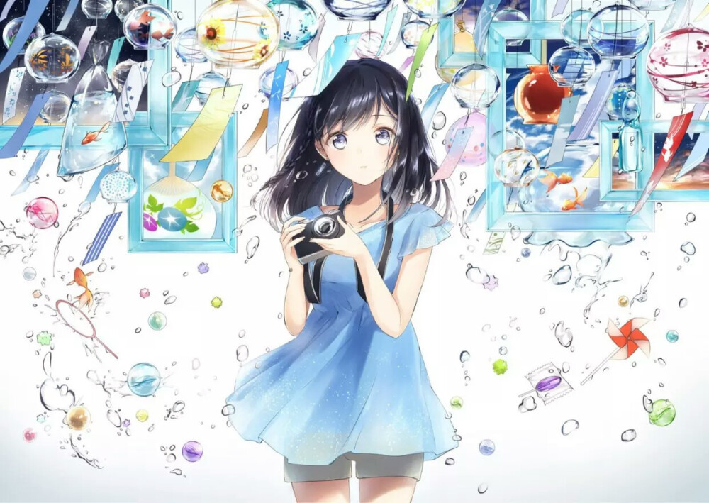 二次元少女黑发蓝瞳鱼相机风铃唯美画师三凑かおり