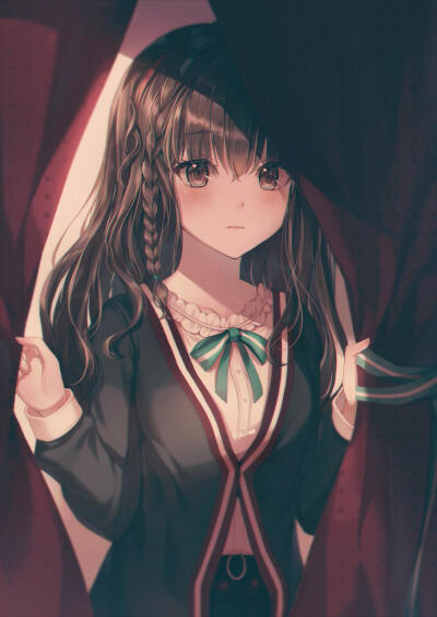 二次元 少女 褐发 褐瞳 制服 帘布 唯美 p站画师:ttosom