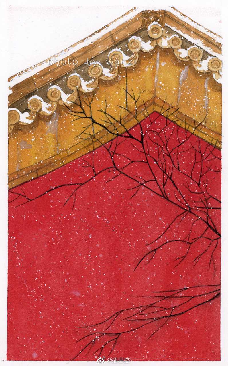手绘插画##遇见艺术# 作者:@爱吃丸子的猫z | 故宫的红与雪搭配真是