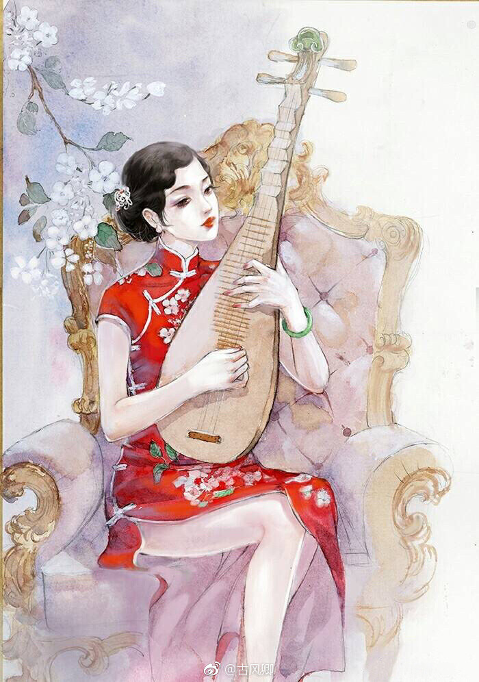 悠悠红尘,思念倾城,暖了遍地的流年.古风水彩旗袍女子插画.