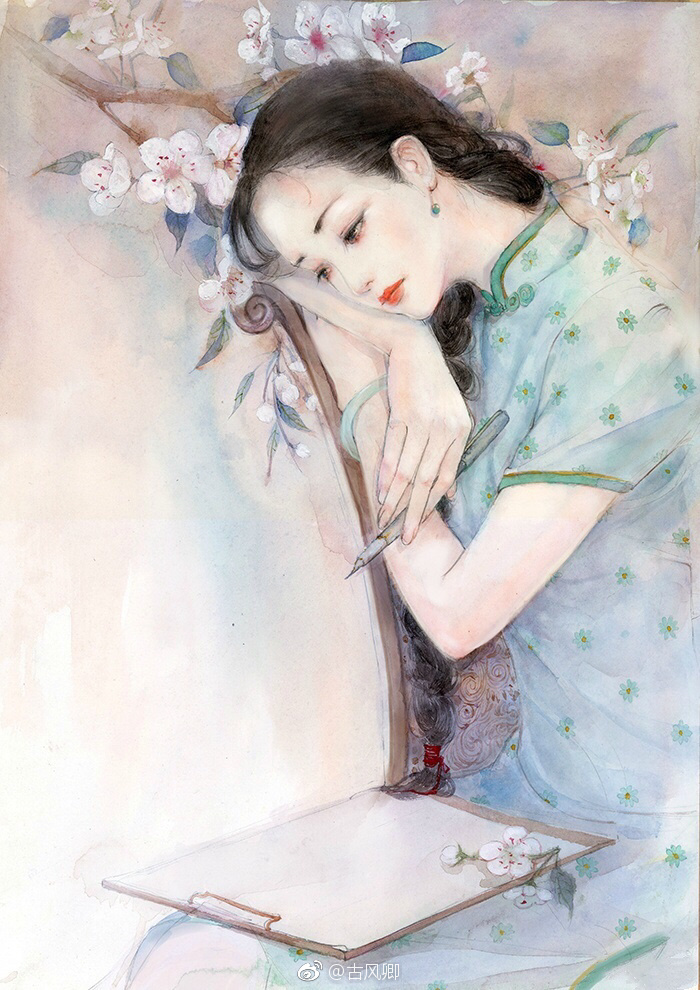 悠悠红尘,思念倾城,暖了遍地的流年.古风水彩旗袍女子插画.