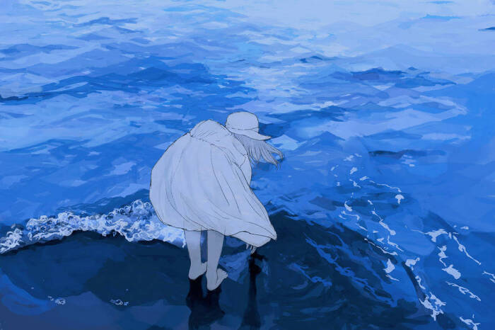陪我一起看海吧.蓝色,海边,少女,意境,插画.