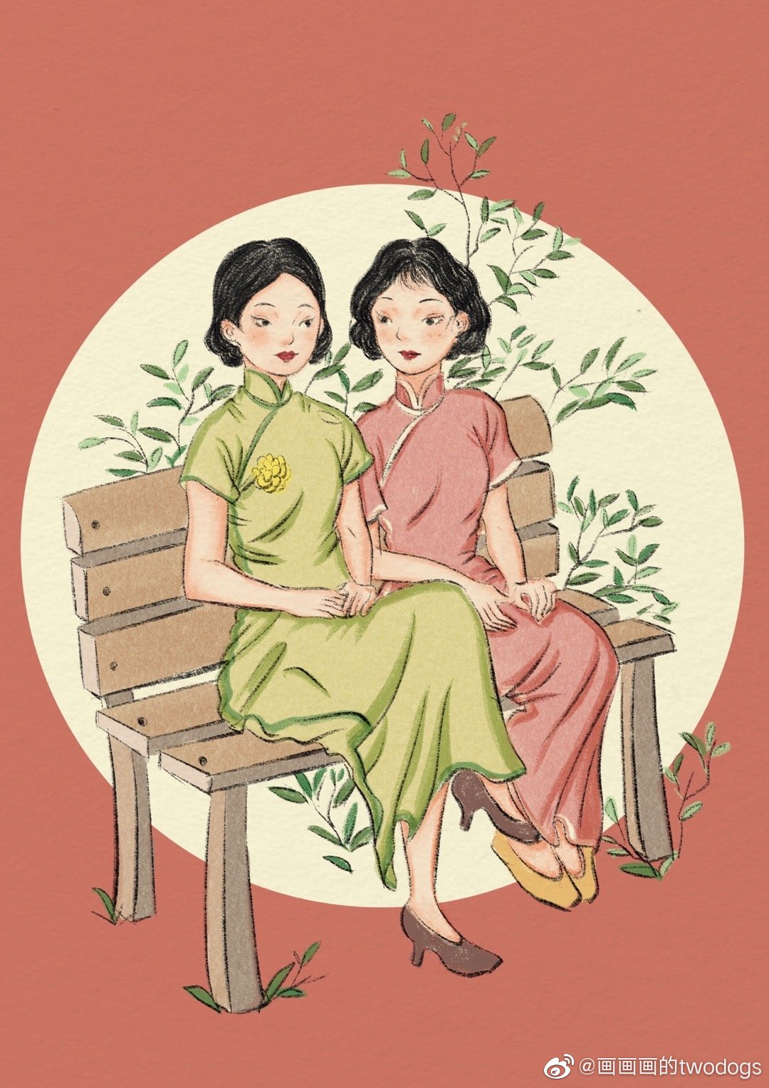 旗袍少女插画,作者:画画画的twodogs,来自微博