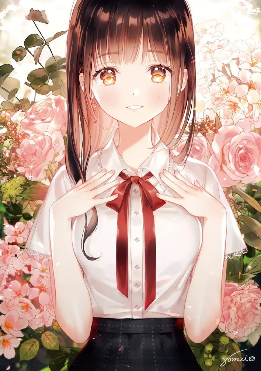 二次元 少女 褐发 金瞳 制服 花 唯美 画师:gomzi