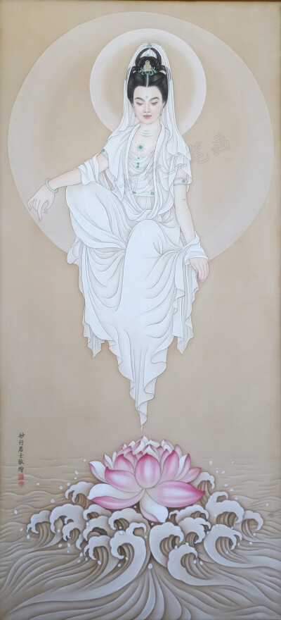 手绘国画工笔画观音,妙行居士作品