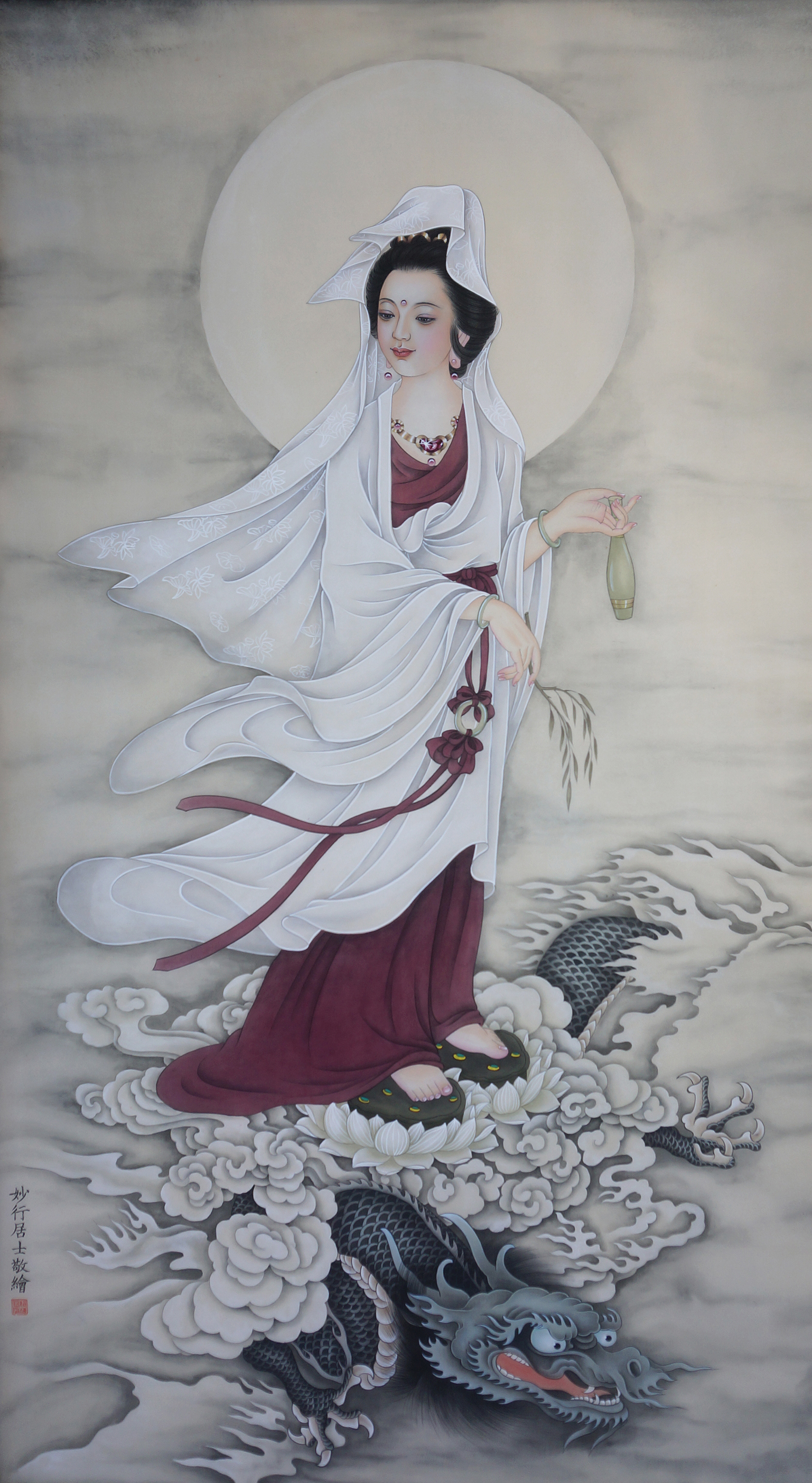 手绘国画工笔画观音,妙行居士作品