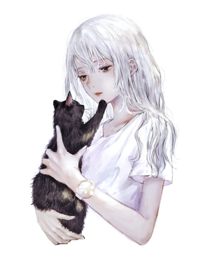白发少女与猫 插画 画师shirone作品