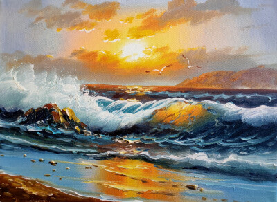 他画出来的大海风景画,气势磅礴,浪花细腻,画面干净利落,如照片般清洗