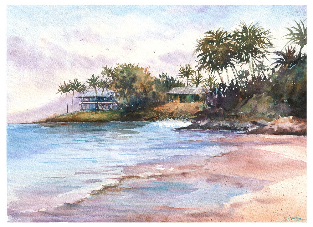 一幅充满艺术气息的海边岛屿风景,用洒脱的绘画手法,描绘心中美丽景色