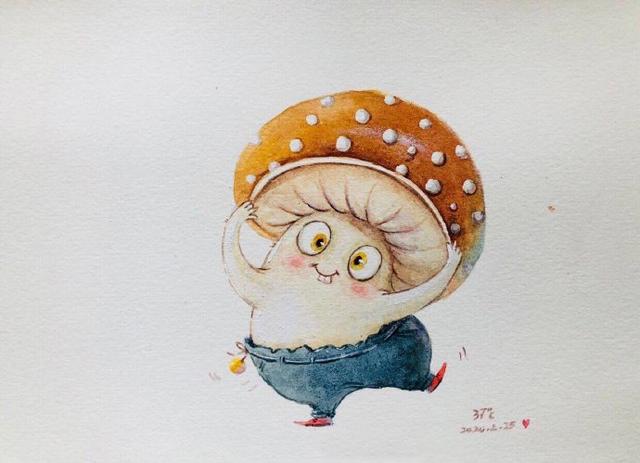 一组关于小蘑菇插画,拟人态的萌
