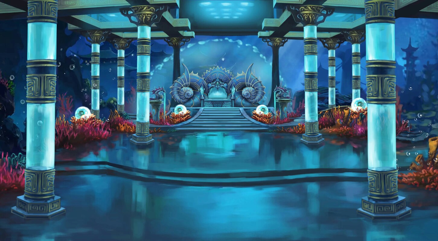 水晶建造的水下宫殿, 带着蓝色的灯笼, 和蓝色火把, 周围有色彩缤纷的珊瑚, 充满活力的鱼 - SeaArt AI