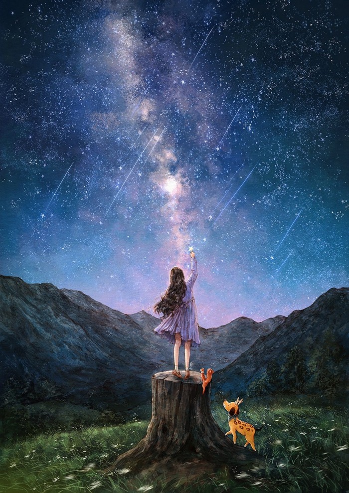 夜空,举手向天,许下美好的星愿 ~ 来自韩国插画家aeppol 的「森林女孩