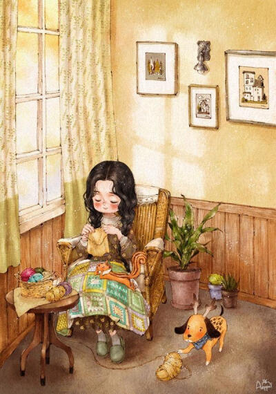 森系,插画,少女,宠物,治愈