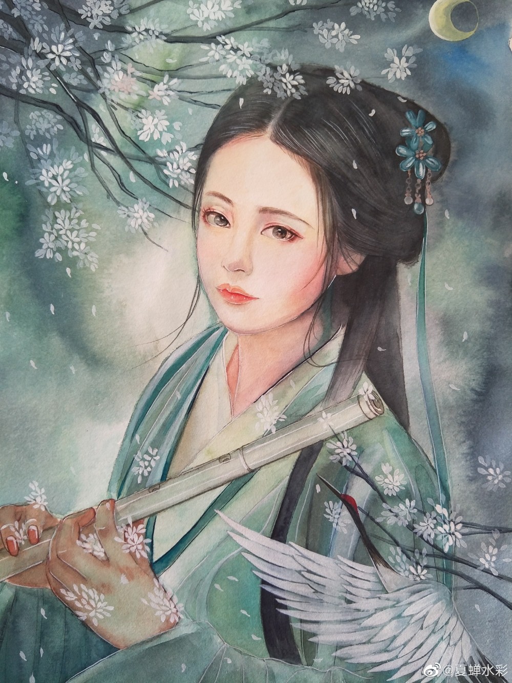 古风水彩插画人物,作者:蝉兮水彩 ,来自微博