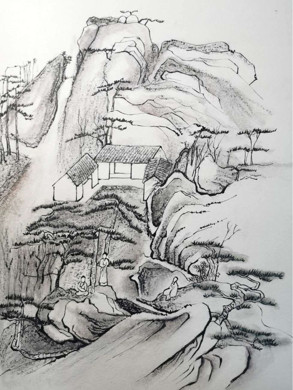 钢笔素描,临摹山水画