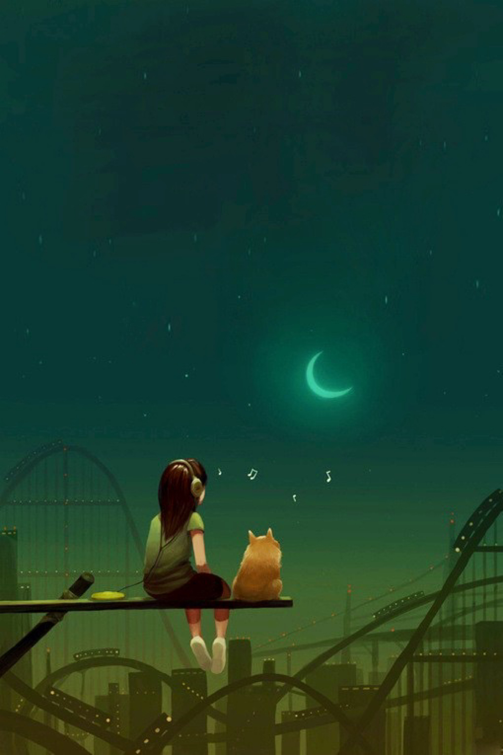 听着音乐和猫看月亮