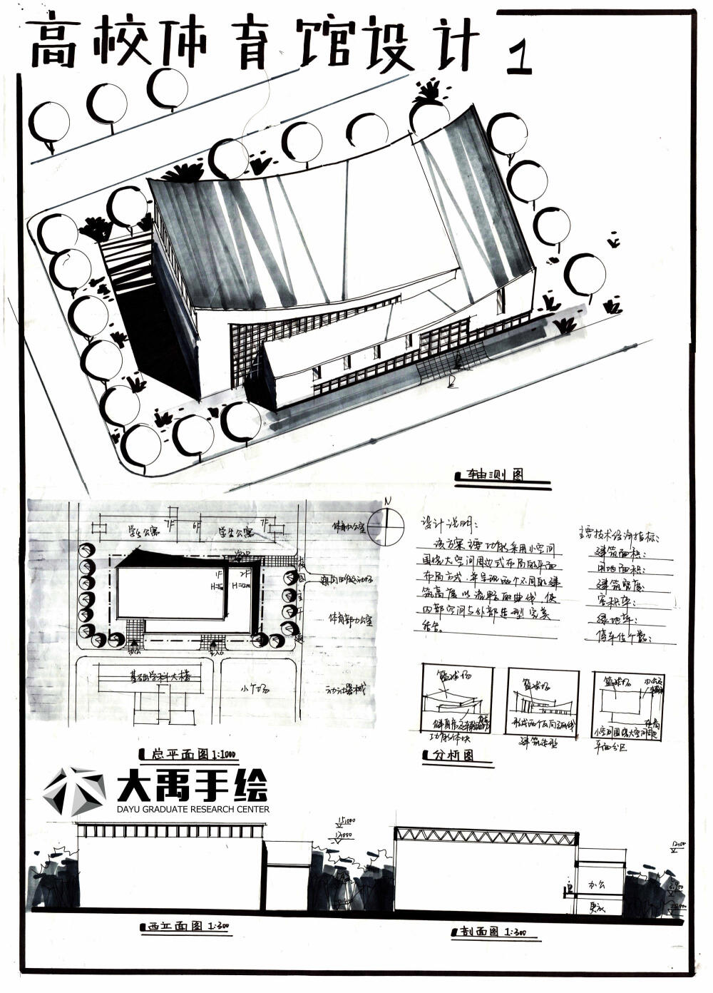 今日分享二:体育馆设计-大禹手绘建筑快题优秀作品欣赏