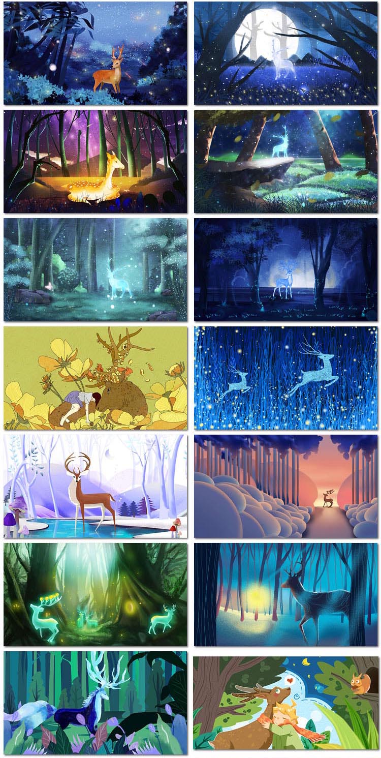 创意森林与鹿仙境治愈大自然梦幻卡通手绘插图画海报模板素材设计