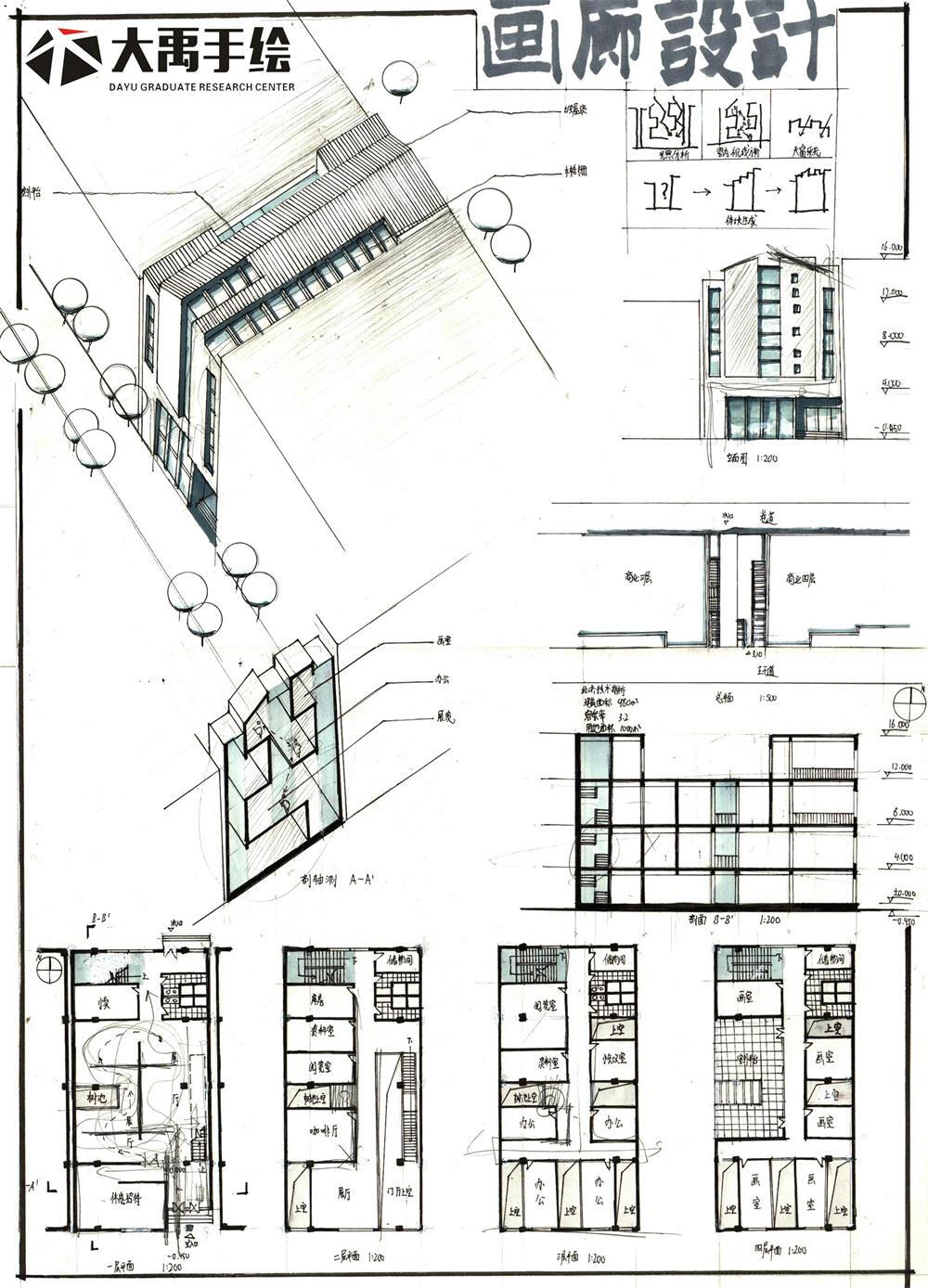 今日分享二:画廊设计--大禹手绘建筑快题优秀作品欣赏