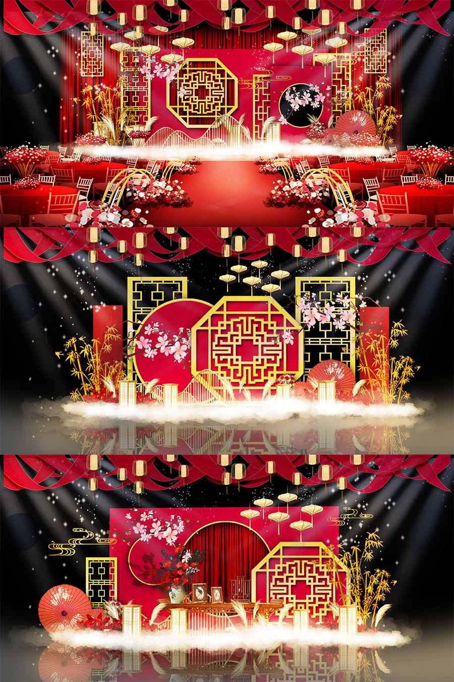 红金色中国风古典婚礼舞台签到迎宾区效果图psd模板设计素材