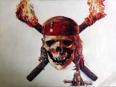 彩铅手绘-加勒比海盗骷髅旗